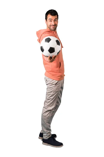 Full Body Man Pink Sweatshirt Soccer Ball — Stock Photo, Image