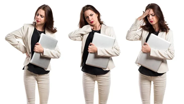 Pretty Young Business Woman Laptop Neck Pain — Stock Photo, Image