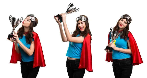 Set Von Hübschen Superhelden Mädchen Hält Eine Trophäe — Stockfoto