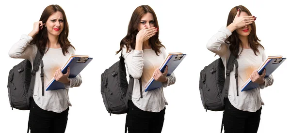 Set Student Woman Covering Her Mouth Ears Eyes — Stock Photo, Image