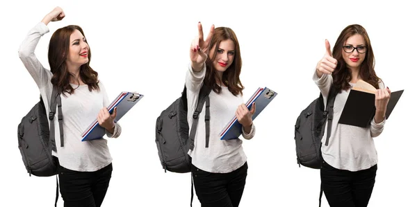 Set Student Woman Making Victory Gesture — Stock Photo, Image