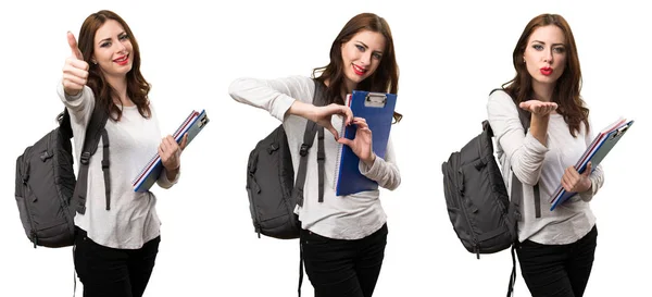 Set Student Woman Making Heart Her Hands Sending Kiss — Stock Photo, Image