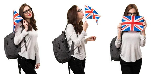 Set Student Woman Holding United Kingdom Flag — Stock Photo, Image