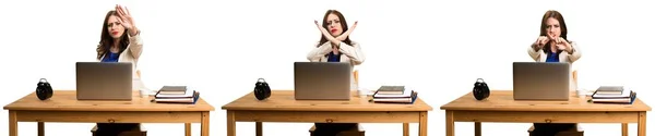 Set Business Woman Working Her Laptop Making Gesture — Stock Photo, Image