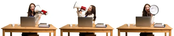 Conjunto Mujer Negocios Trabajando Con Computadora Portátil Sosteniendo Megáfono —  Fotos de Stock