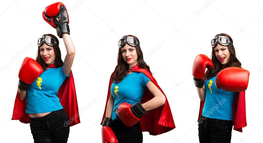 Set of Pretty superhero girl  with boxing gloves