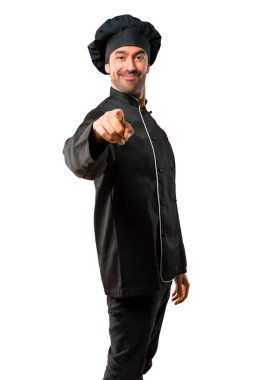 Siyah üniformalı erkeklere Şef parmak seni işaret izole beyaz zemin üzerine kendine güvenen bir ifade ile