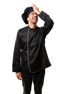 Şef adam siyah üniformalı bir şeyin farkına vardım ve izole beyaz arka plan üzerinde çözüm isteyen vardır