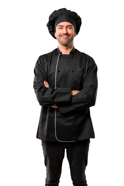 Chef Homem Uniforme Preto Mantendo Braços Cruzados Posição Frontal Expressão — Fotografia de Stock