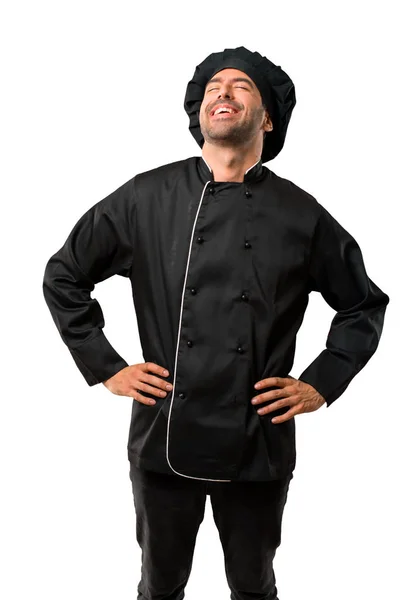 Chef Homem Uniforme Preto Posando Com Braços Quadril Rindo Fundo — Fotografia de Stock