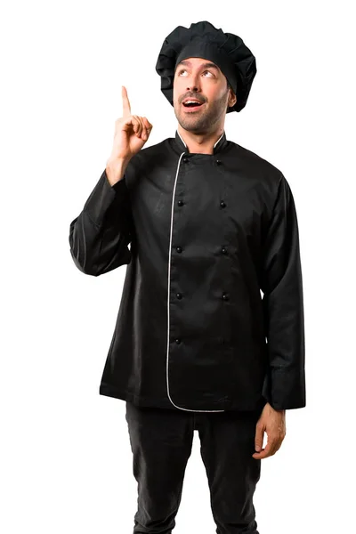 Chef Homme Uniforme Noir Debout Pensant Une Idée Pointant Doigt — Photo