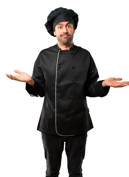 Chef Man Uniforme Negro Que Tiene Dudas Con Expresión Cara — Foto de Stock