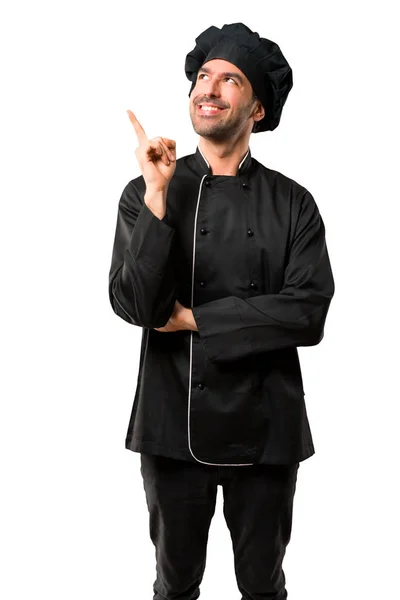 Chef Man Uniforme Negro Señalando Con Dedo Índice Una Gran — Foto de Stock