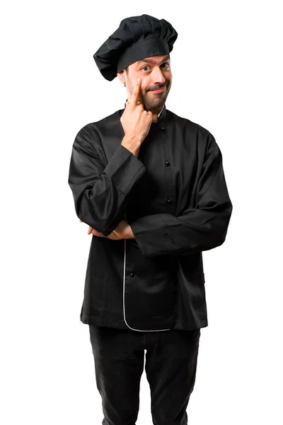 Chef Homme Uniforme Noir Debout Regardant Vers Avant Ouvrant Œil — Photo