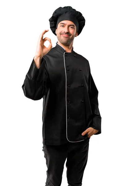 Szef Kuchni Człowieka Czarny Mundur Wyświetlono Znak Palcami Twarz Szczęścia — Zdjęcie stockowe