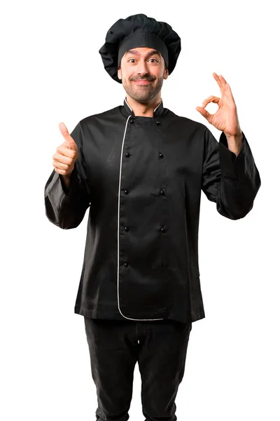 Чоловік Шеф Кухаря Чорній Формі Показуючи Знак Пальцями Даючи Великий — стокове фото