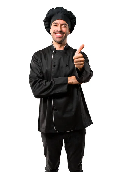 Chef Hombre Uniforme Negro Dando Gesto Hacia Arriba Pulgares Sonriendo —  Fotos de Stock
