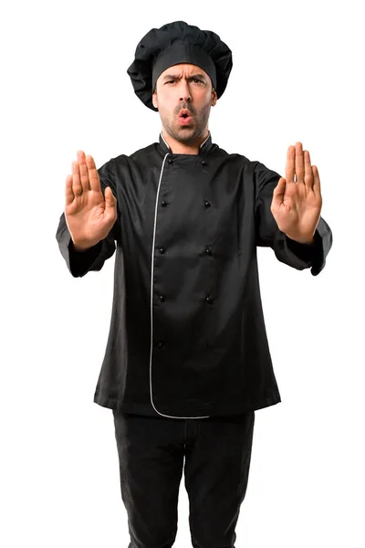 Chef Homem Uniforme Preto Fazendo Parar Gesto Com Mão Para — Fotografia de Stock