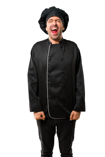 Kuchař Muž Černé Uniformě Křičí Frontu Pusou Dokořán Izolované Bílém — Stock fotografie