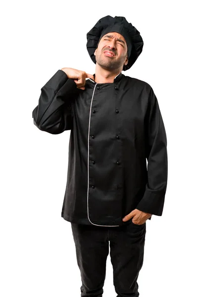 Chef Homme Uniforme Noir Avec Expression Fatiguée Malade Sur Fond — Photo