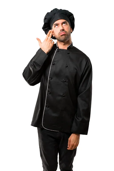 Küchenchef Schwarzer Uniform Mit Problemen Und Unglücklichem Gesichtsausdruck Macht Selbstmordgeste — Stockfoto