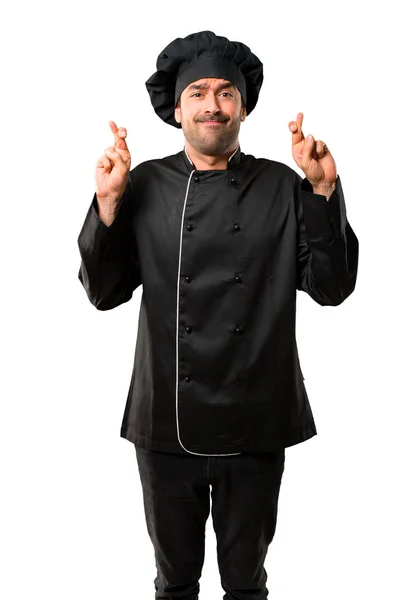 Chef Hombre Uniforme Negro Con Los Dedos Cruzando Deseando Mejor —  Fotos de Stock