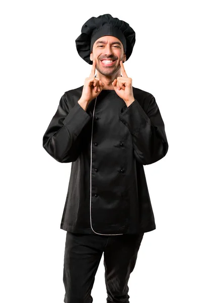 Homem Chef Uniforme Preto Sorrindo Com Uma Expressão Feliz Agradável — Fotografia de Stock