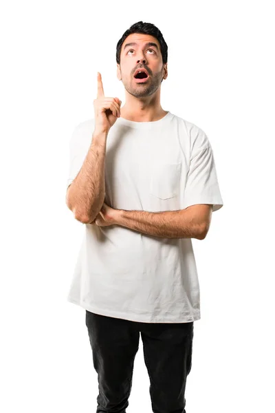 Hombre Joven Con Camisa Blanca Pie Pensando Una Idea Apuntando — Foto de Stock