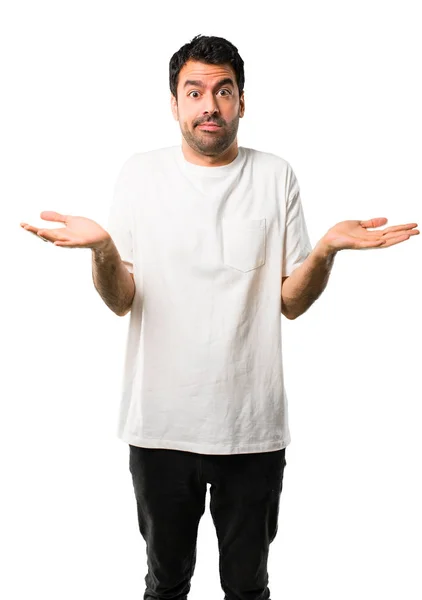 Jovem Com Camisa Branca Tendo Dúvidas Com Expressão Facial Confusa — Fotografia de Stock