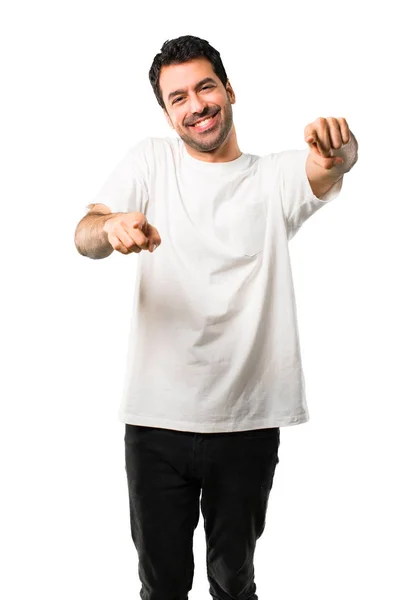 Young Man White Shirt Points Finger You While Smiling Isolated — Stock Photo, Image