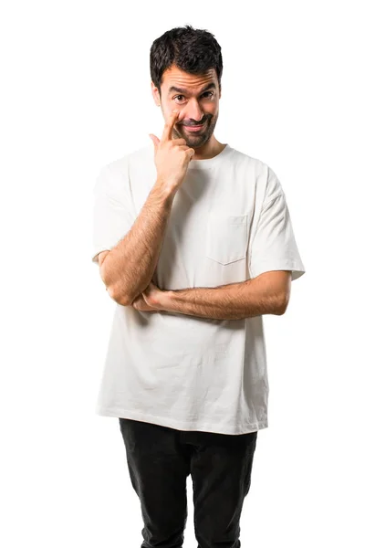 Young Man White Shirt Standing Looking Front Opening Eye Finger — Stock Photo, Image