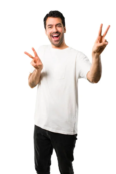 Young Man White Shirt Smiling Showing Victory Sign Both Hands — Stock Photo, Image