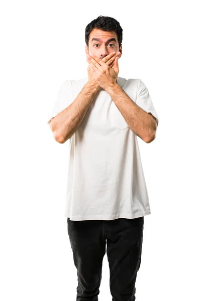 Young Man White Shirt Covering Mouth Both Hands Saying Something — Stock Photo, Image