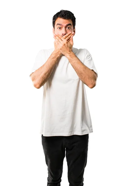 Joven Con Camisa Blanca Cubriendo Boca Con Ambas Manos Por —  Fotos de Stock