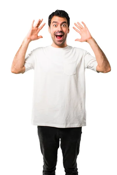 Hombre Joven Con Camisa Blanca Con Sorpresa Expresión Facial Impactada — Foto de Stock