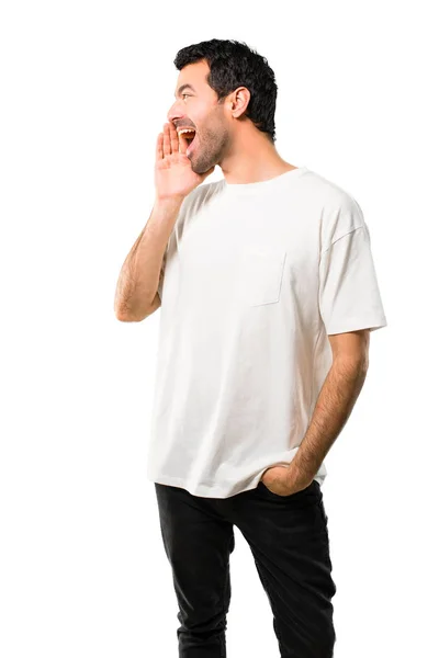 Junger Mann Mit Weißem Hemd Der Mit Weit Geöffnetem Mund — Stockfoto