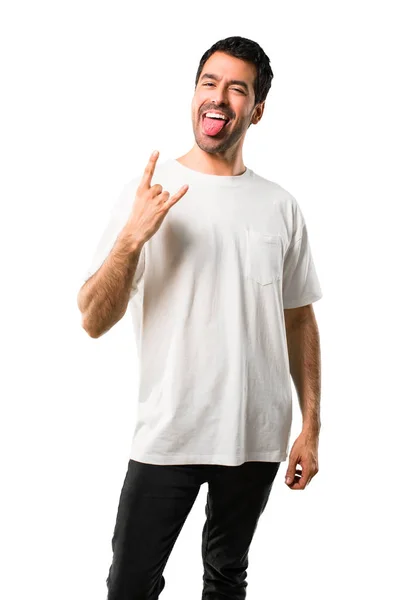 Hombre Joven Con Camisa Blanca Mostrando Lengua Cámara Con Mirada —  Fotos de Stock