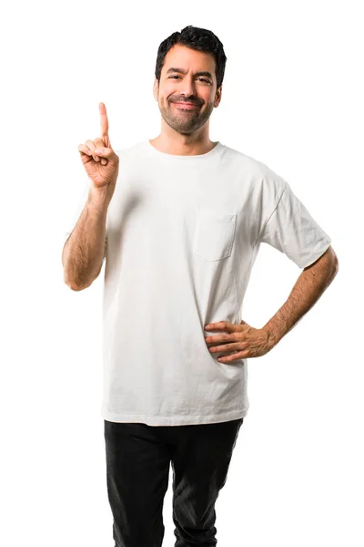 Joven Con Camisa Blanca Mostrando Levantando Dedo Señal Mejor Sobre — Foto de Stock