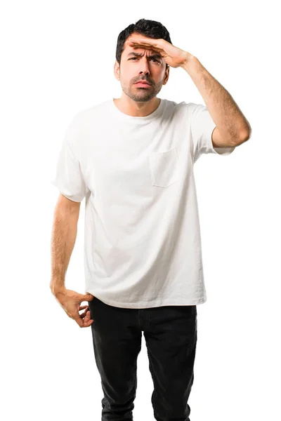 Young Man White Shirt Looking Far Away Hand Look Something — Stock Photo, Image
