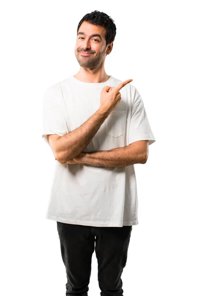 Young Man White Shirt Pointing Side Finger Present Product Idea — Stock Photo, Image