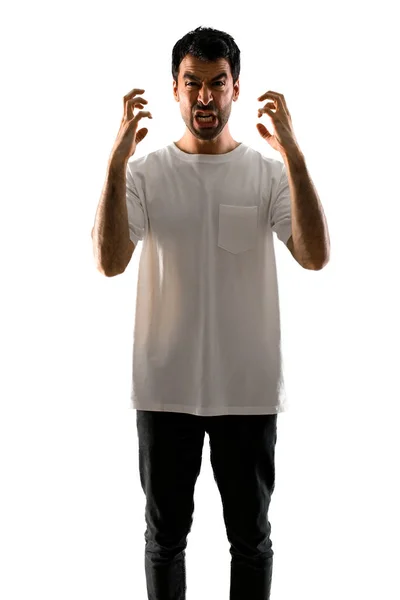 Joven Frustrado Con Camisa Blanca Sobre Fondo Blanco Aislado — Foto de Stock
