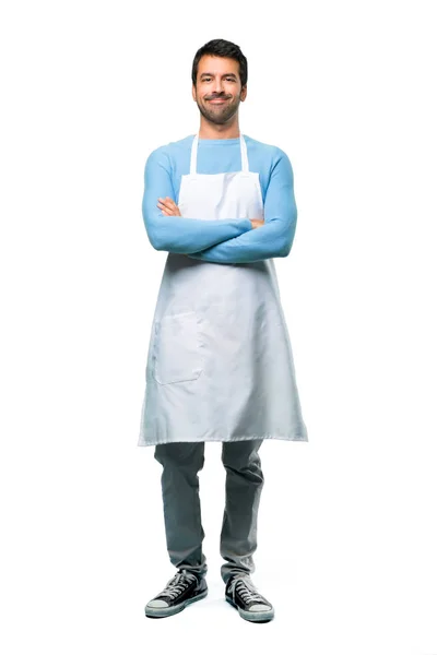 Uma Imagem Completa Homem Usando Avental Mantendo Braços Cruzados Posição — Fotografia de Stock