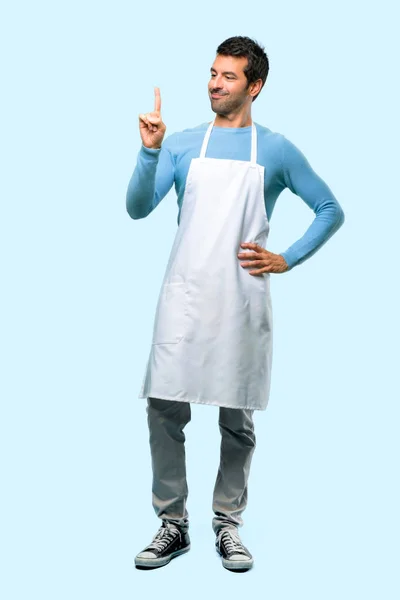 Full Body Man Wearing Apron Showing Lifting Finger Sign Best — Stock Photo, Image