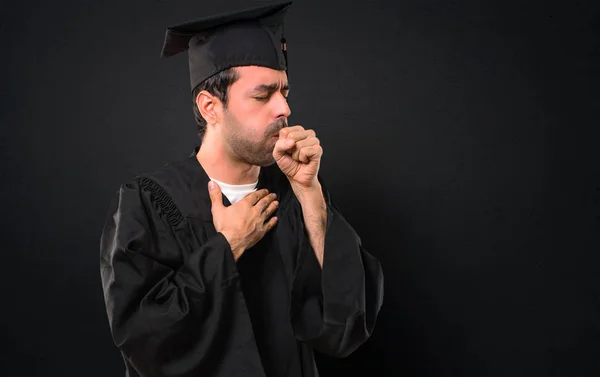 Man Zijn Graduatie Dag Universiteit Lijden Met Hoest Gevoel Slecht — Stockfoto