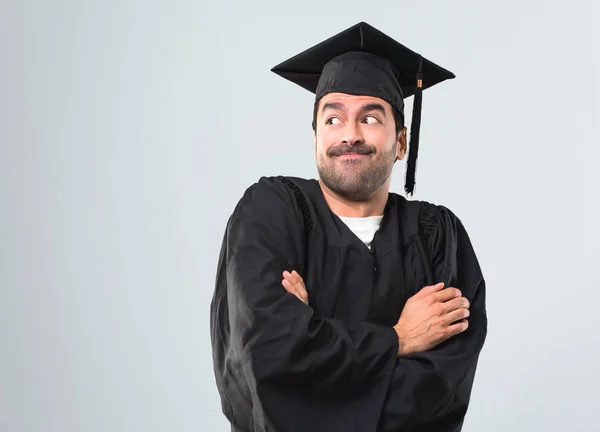 Man Zijn Graduatie Dag Universiteit Maken Onbelangrijk Twijfels Gebaar Tijdens — Stockfoto