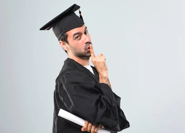 Uomo Nel Suo Giorno Laurea Università Mostrando Segno Chiusura Della — Foto Stock