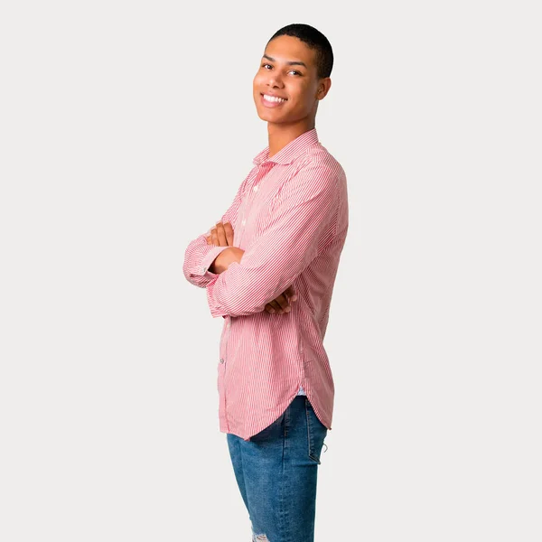 Young African American Man Keeping Arms Crossed Lateral Position While — Stock Photo, Image