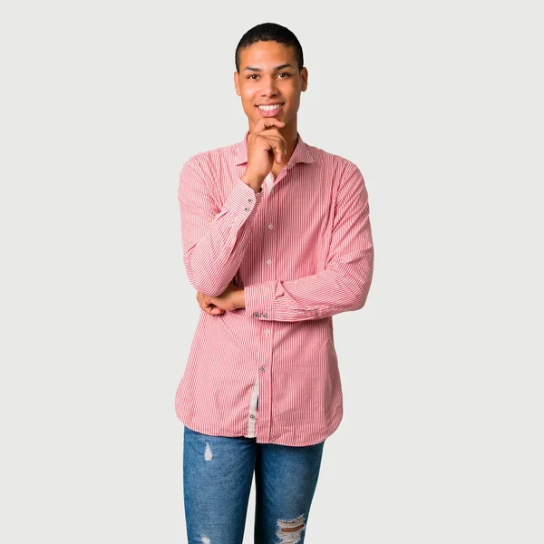 Young African American Man Smiling Looking Front Confident Face Grey — Stock Photo, Image