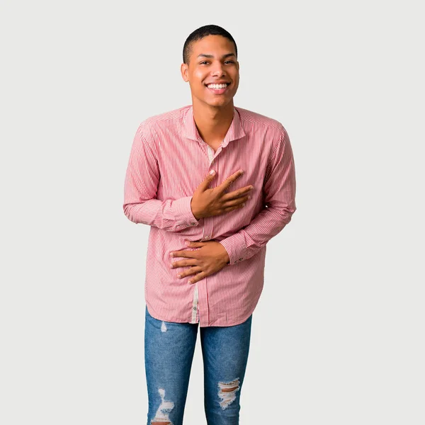 Young African American Man Smiling Lot While Putting Hands Chest — Stock Photo, Image