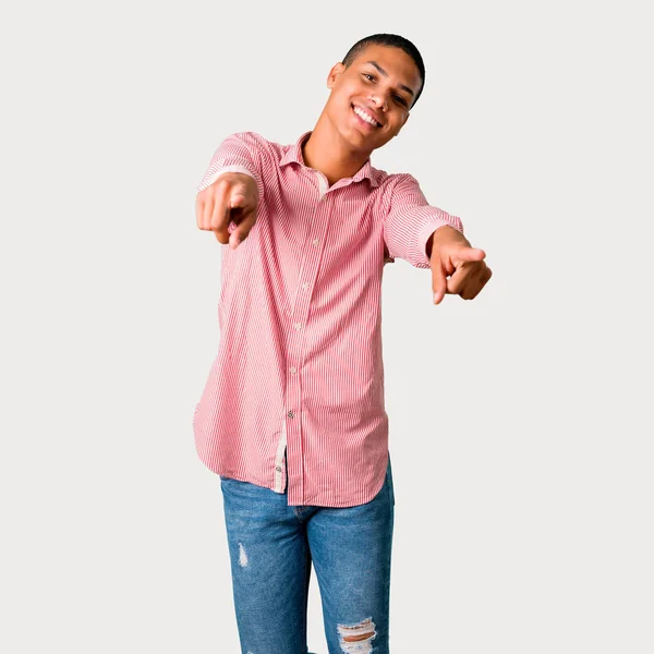 Young African American Man Points Finger You While Smiling Grey — Stock Photo, Image